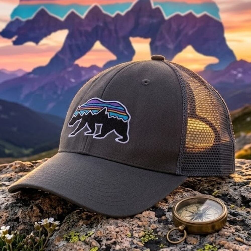 Patagonia Fitz Roy Bear Trucker Hat Grey Mesh Snapback Cap Gorpcore Outdoor